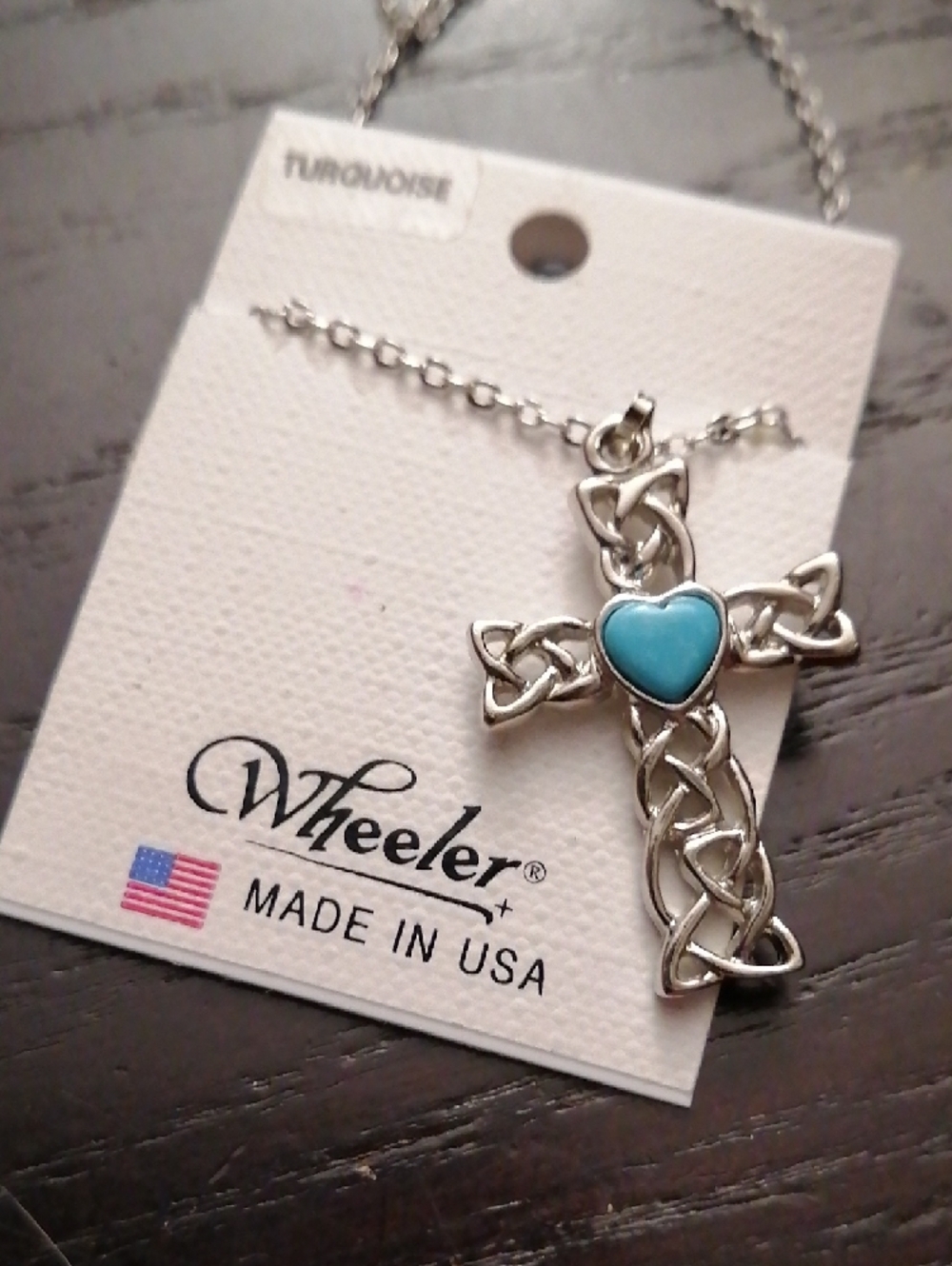 Sterling-Style Celtic Cross Necklace with Turquoise Heart Pendant On Chain.New